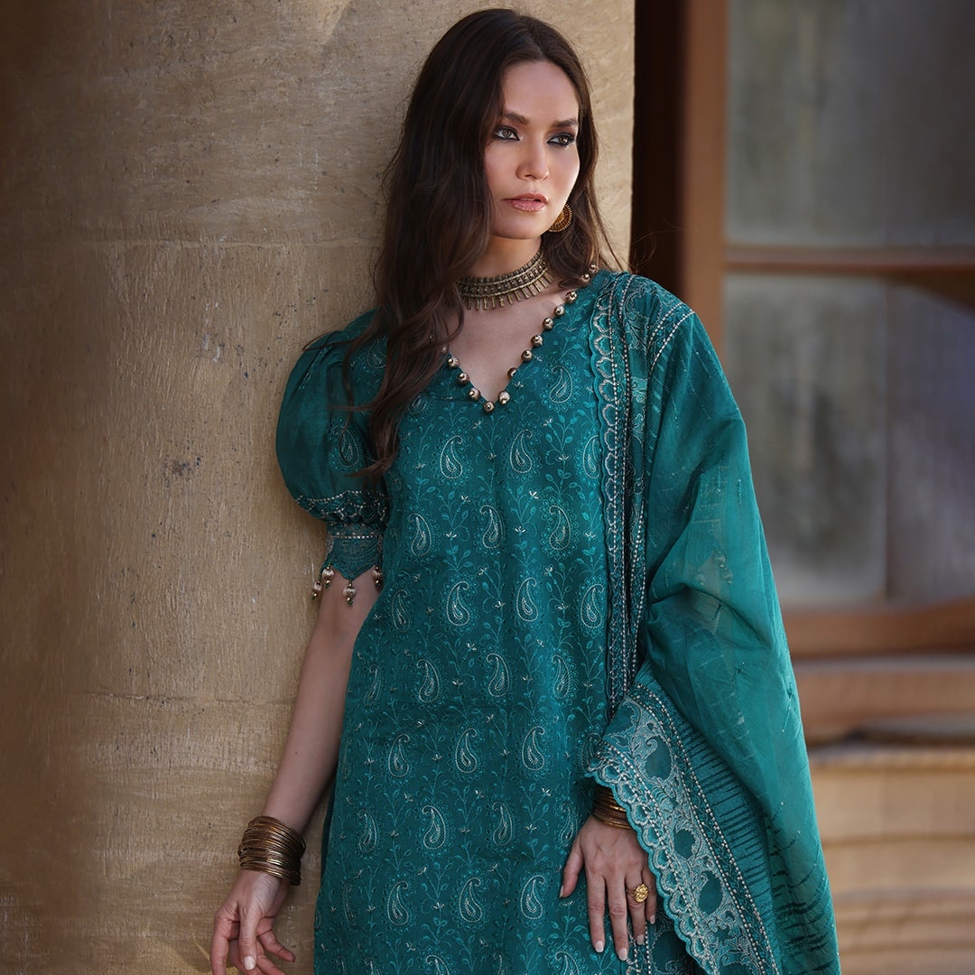 gulahmed ideas green unstitched dress for women with dupatta