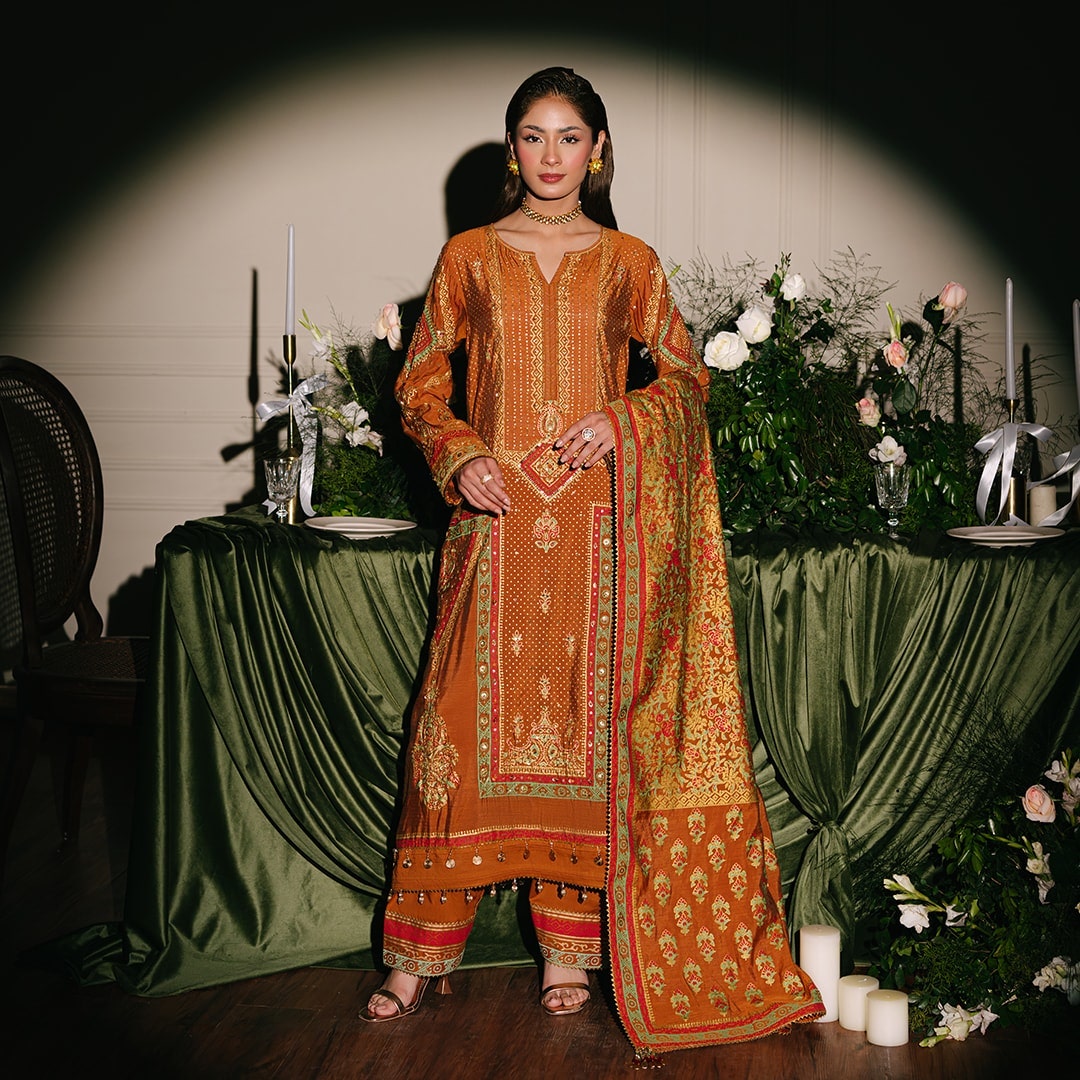 gulahmed ideas orange unstitched eid collection suit 2025