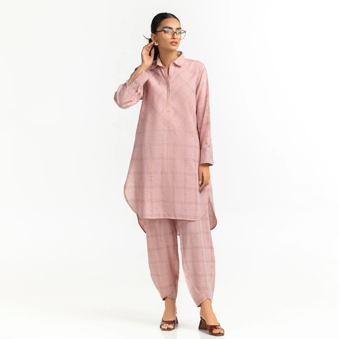 Pink Yarn Dyed Co Ord Set